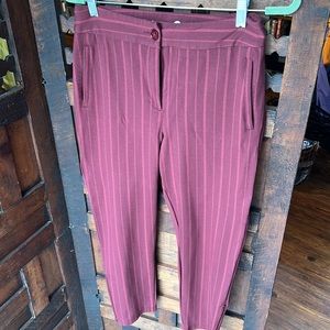Burgundy with light burgundy stripes. Stretchy and comfy.